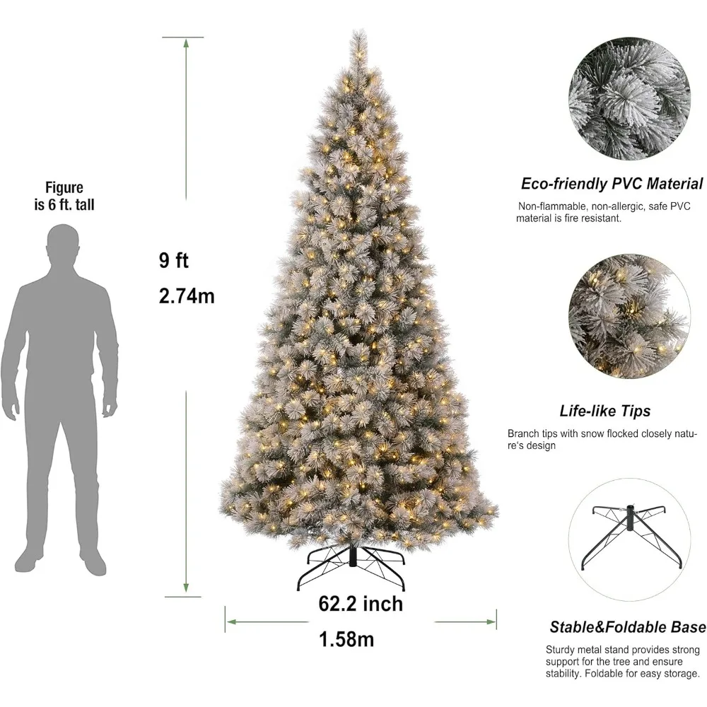 9ft Christmas Tree Wth Easy Assembly Metal Stand, Full-Size Christmas Tree with 900 Warm White Lights Holiday Decoration