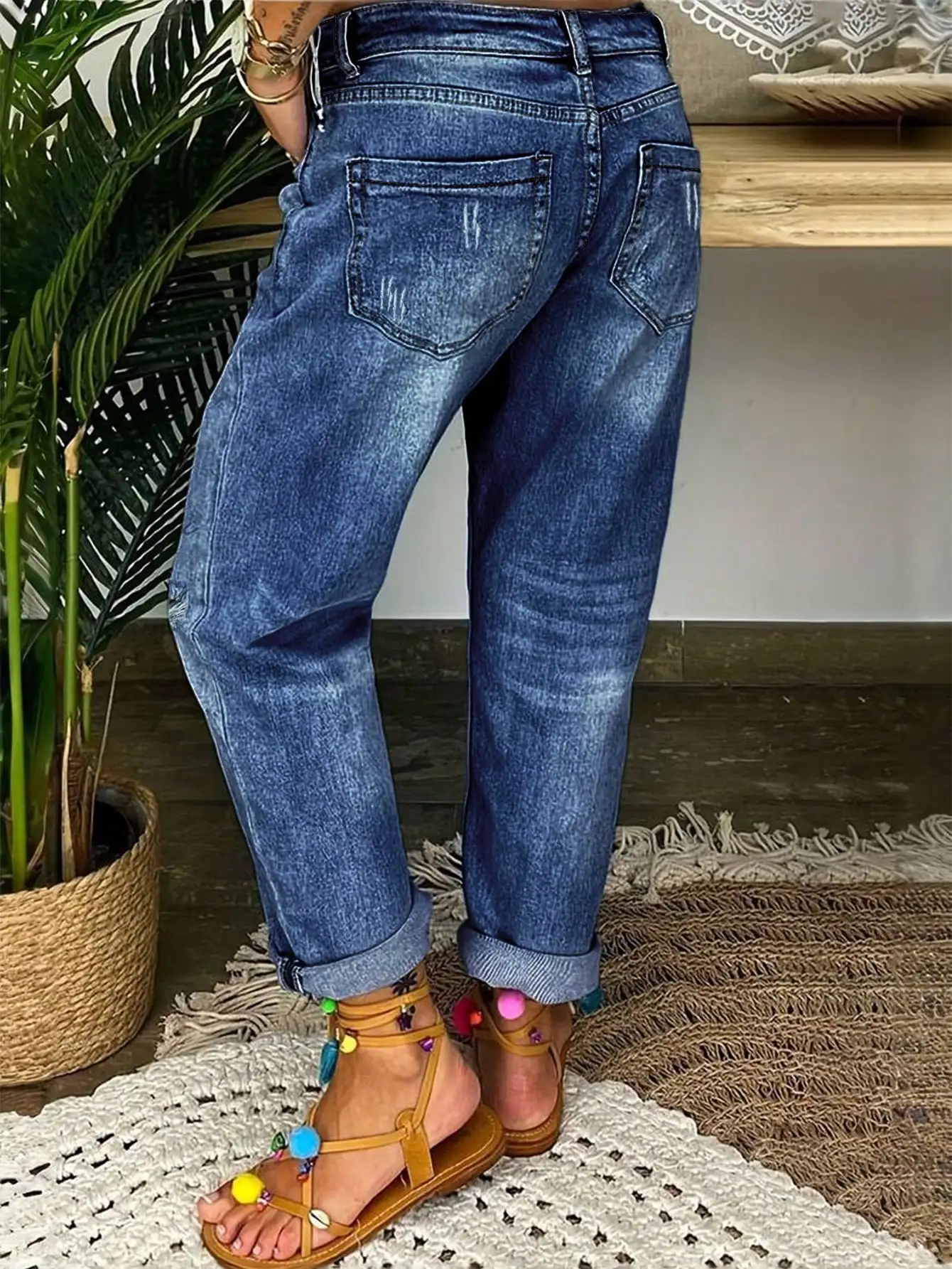 WGXWGX Women's High-Waisted Distressed Boyfriend Jeans Button-Front Vintage Wash Casual Streetwear Cotton Blend