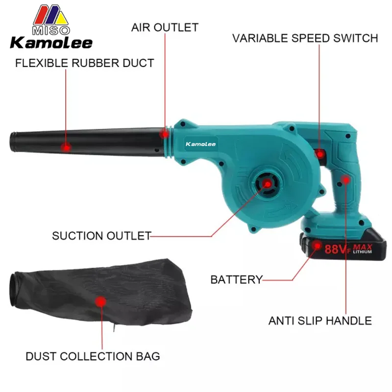 Kamolee 18V Garden Electric Blower Cordless Leaf Blower for Dust Blowing Dust Computer Collector Hair Dryer Power Tool