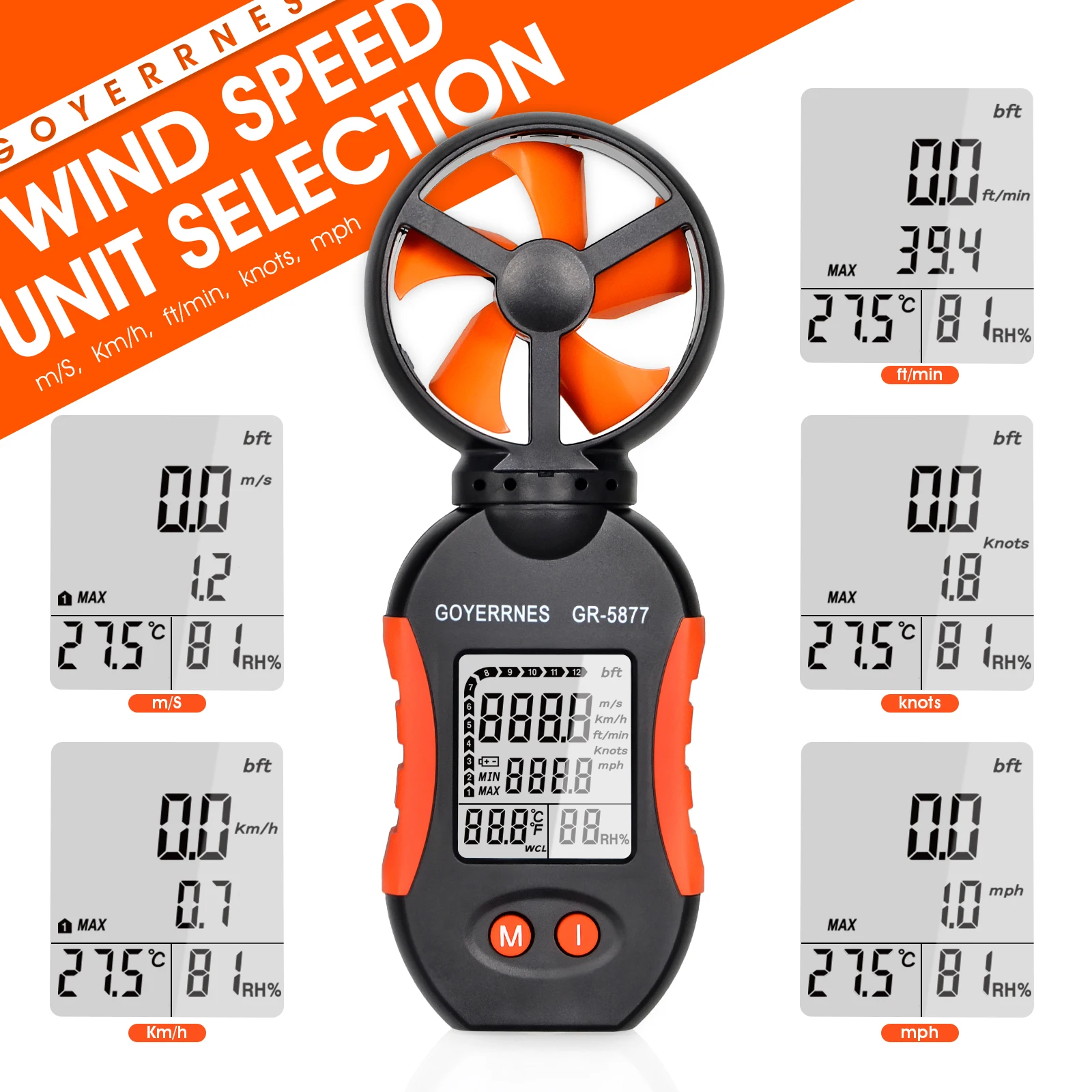 Anemometer Wind Speed/Temp/Humidity Meter 0.3-30m/s, 5 Units, Tripod Mount, 110g Lightweight,  With Tripod Mount Weather