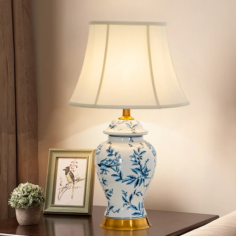 New Chinese Style Hand-embossed Ceramic Table Lamp Blue Jingdezhen Ceramic Table Lamp Living Room Villa Bedroom Study Lamp