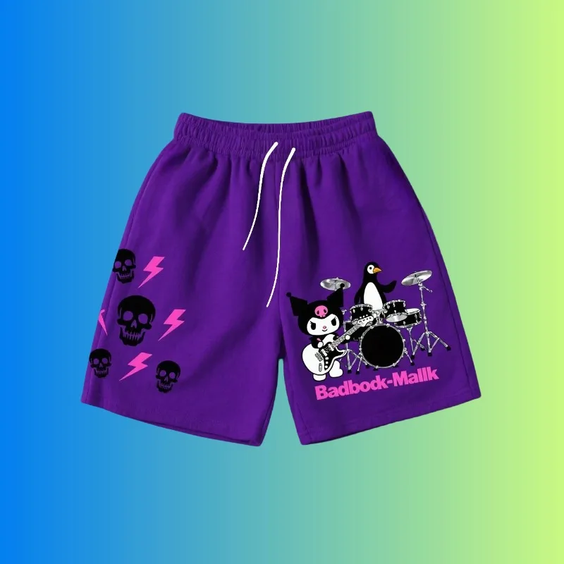 

МОТО-фиолетовые шорты для взрослых с принтом рок-группы Kuromi, дизайном черепа и молнии