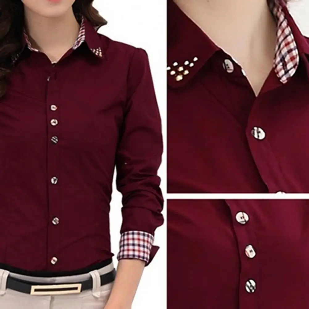 Camisa de algodón con cuello vuelto, blusa ajustada de manga larga, Tops con cuello, camisa informal Formal para oficina