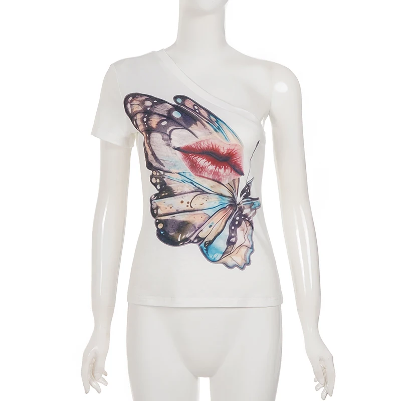 SUCHCUTE Women One Shoulder Short Sleeve T Shirt Butterfly Lips Print Ruched Slim Crop Top Y2K Vintage Streetwear Sexy Tee Chic view 5
