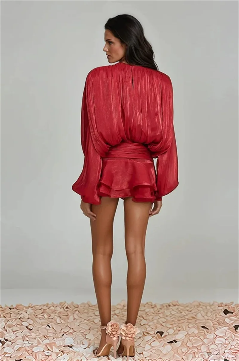 Vestido de fiesta rojo, conjunto de falda Sexy de 2 uds., Top de manga larga + Mini vestido de novia corto para fiesta, bata Formal de noche para banquete y boda