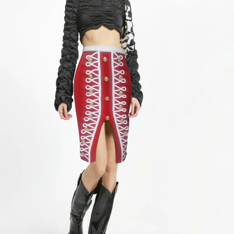 السيدات غير المتكافئة الخامس قطع الذهب الديكور تنورة حمراء عالية الخصر التنانير غير رسمية انقسام Bodycon قصيرة حظر أيام تنورة المرأة