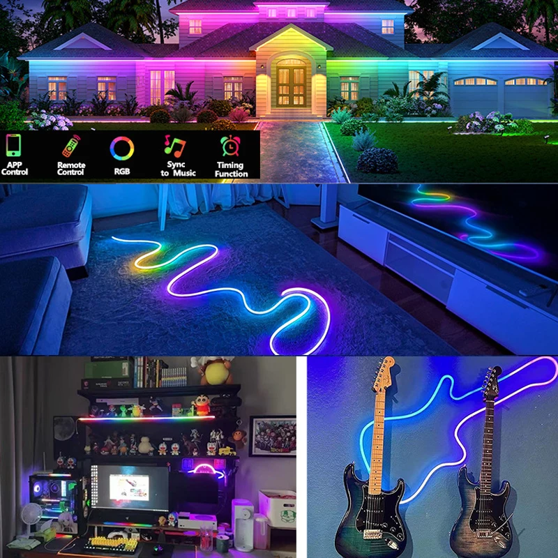 24V Bluetooth RGBIC Neon LED Strip Lights Silicone Neon Rope Light with Music Sync Dreamcolor Chasing Strip Tape for Room Decor