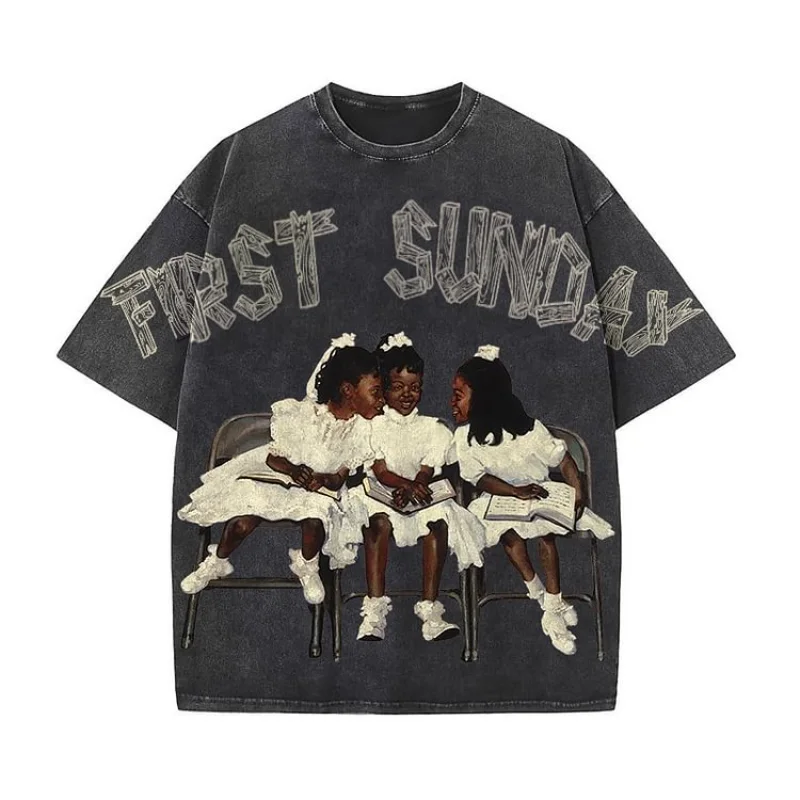 Retro First Sunday Faith Graphic Print Acid Washed T-Shirt Men Y2K Short Sleeves Vintage Oversize Tshirt Streetwear Women Tops