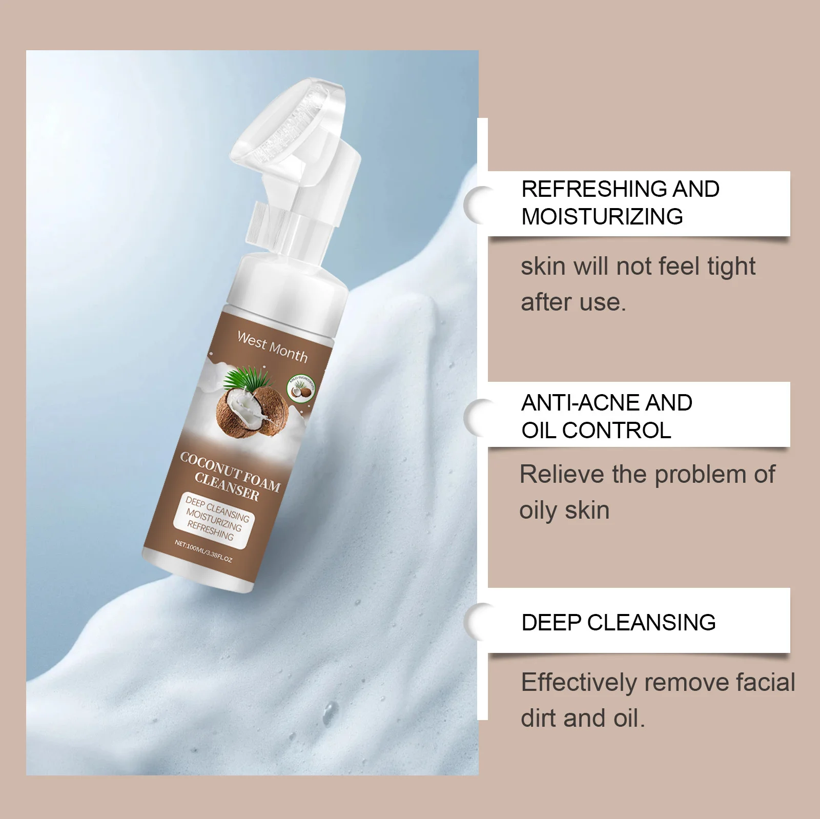 West&Month Facial Cleanser Foam Brightening Moisturizing Oil Control Soothing Acne Remover Massasge Cleansing Face Wash Mossee