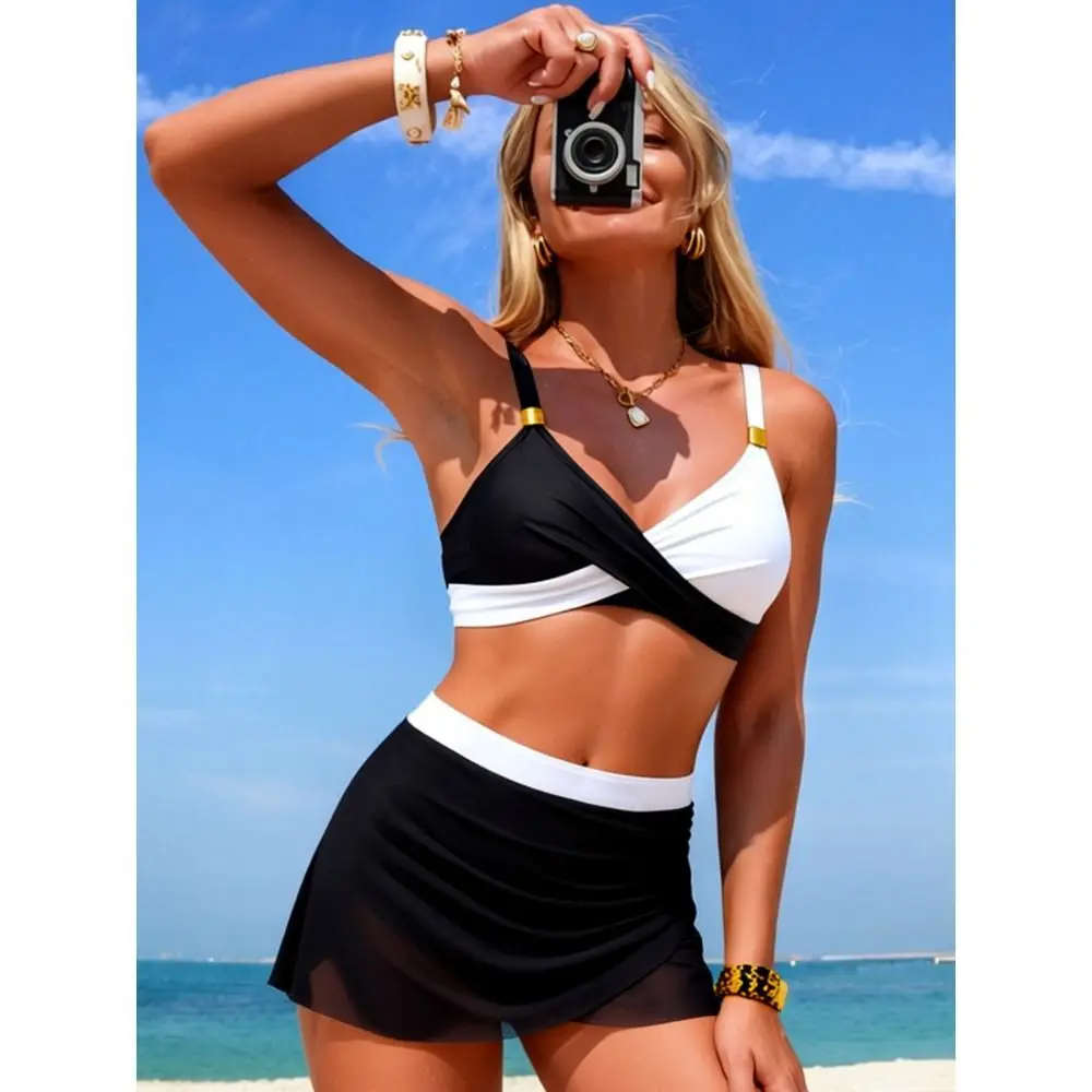 2pcs Mesh Swim Skirt Bikini Set for Women High Waisted Tummy Control Bathing Suit Swim Suit Sexy Women Swimwear Beach Vacation