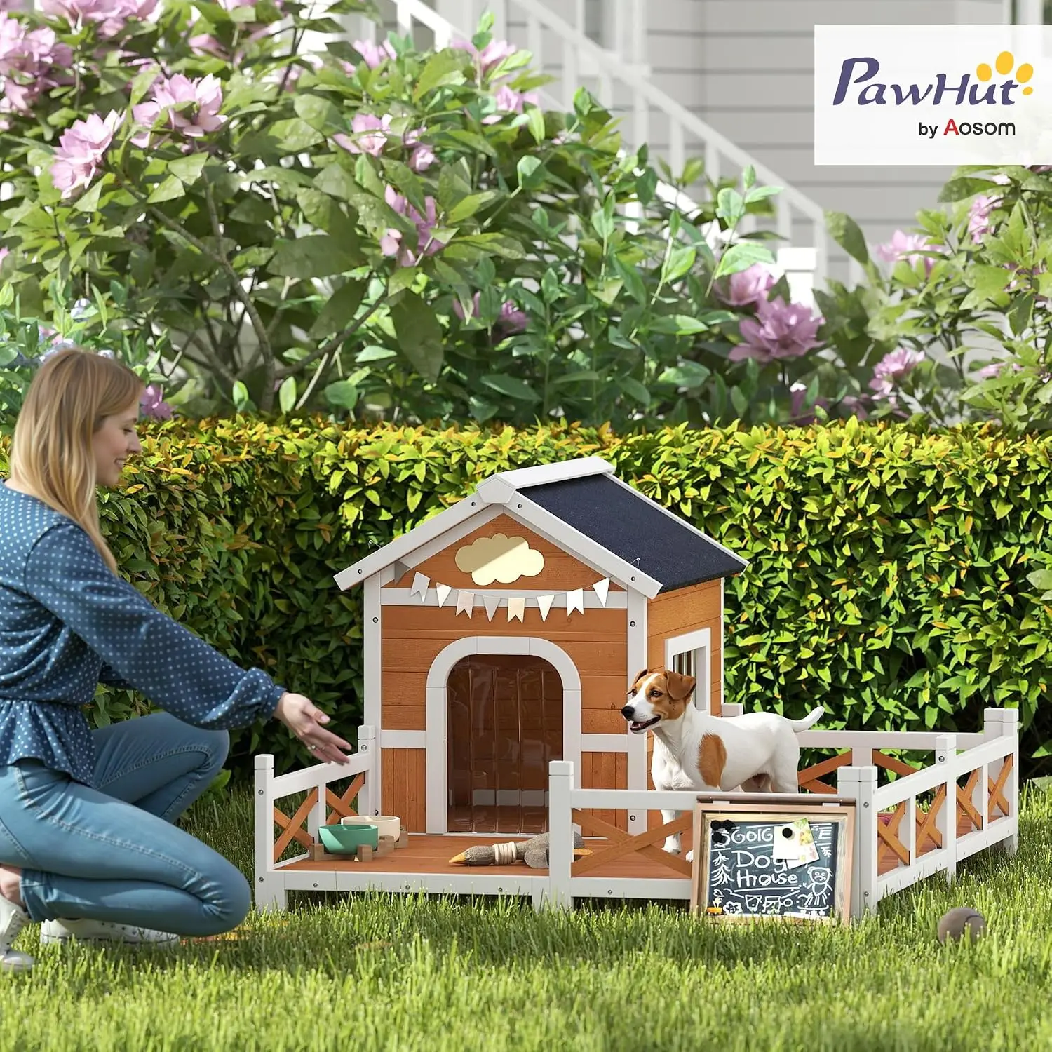 Wooden Dog House With Porch, Weatherproof & Openable Roof, Elevated Base, Floor, Small To Medium Dogs, 47×56×31.5
