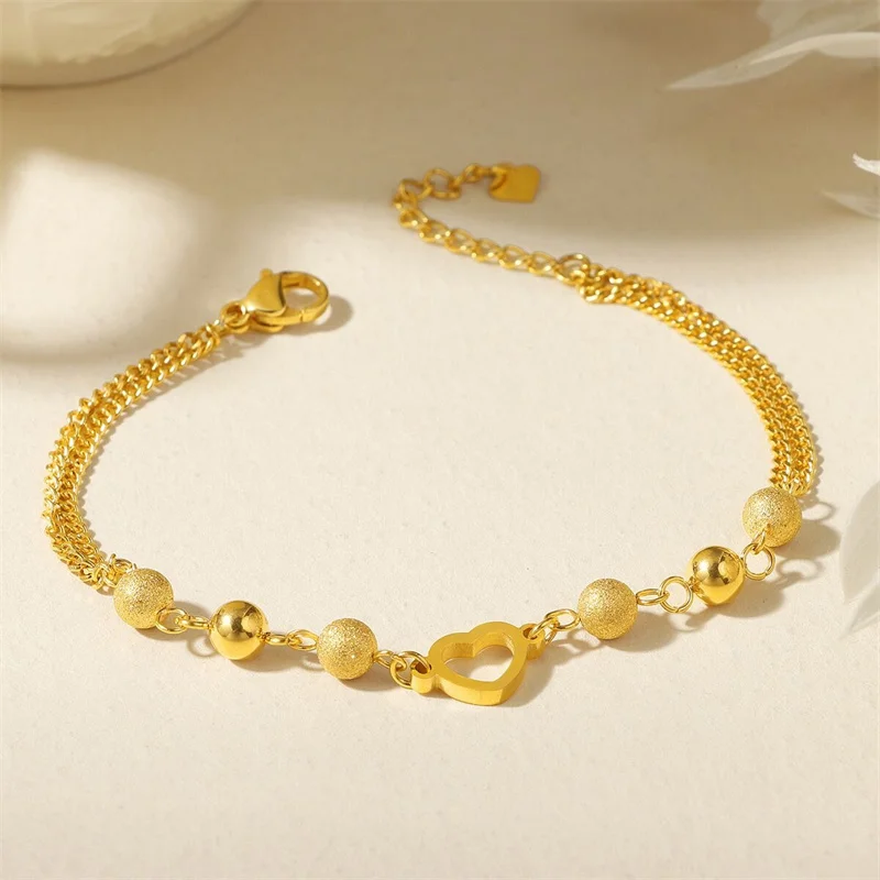 

AU750 18K Gold Women's Sweet Romantic Hollow Heart Bead Bracelet - Minimalist Dainty Unique Versatile Jewelry Gift