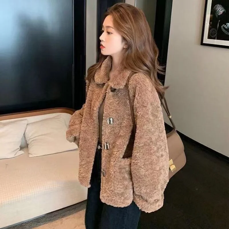 Women Autumn Winter Lamb Wool Faux Fur Thick Plush Warm Cardigan Button Overcoat Solid Loose Long-sleeved Casual Top Outerwear