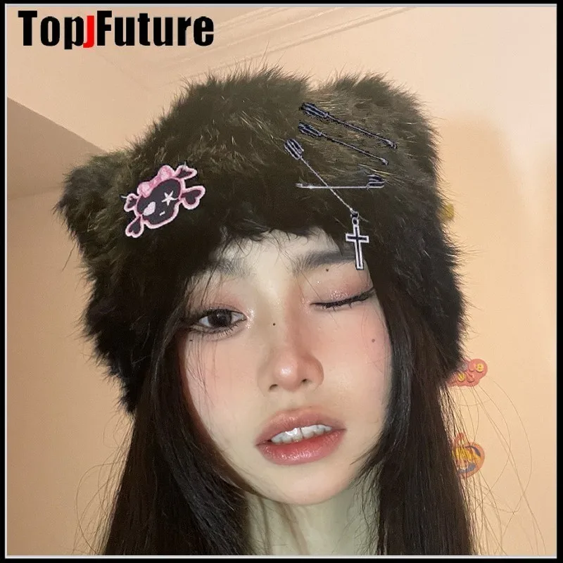 Y2K Japanese Harajuku Kawaii Black White Bunny Faux Fur Skull Cat Ears Hats Women Girl Winter Warm Lambswool Cute Beanie Caps