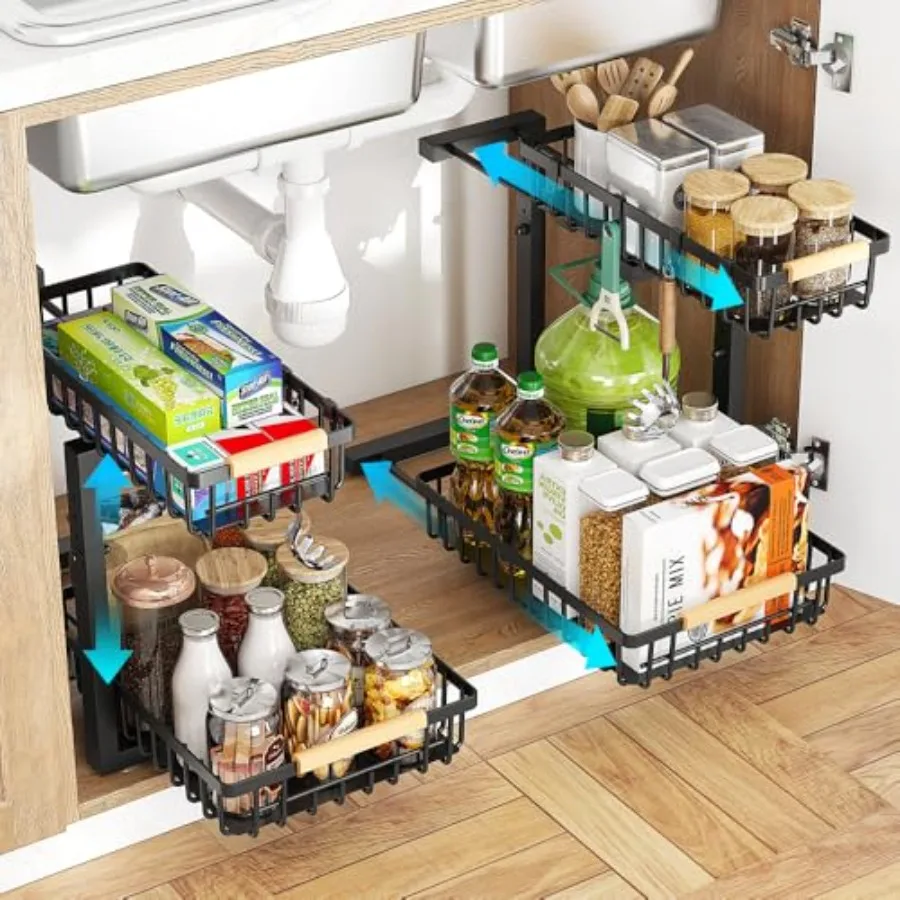 

Under Sink Organizer 2 Tier Metal Under Sink Organizers and Storage 2 Pack Height Adjustable Slide out Pull out Cabinet Organiz