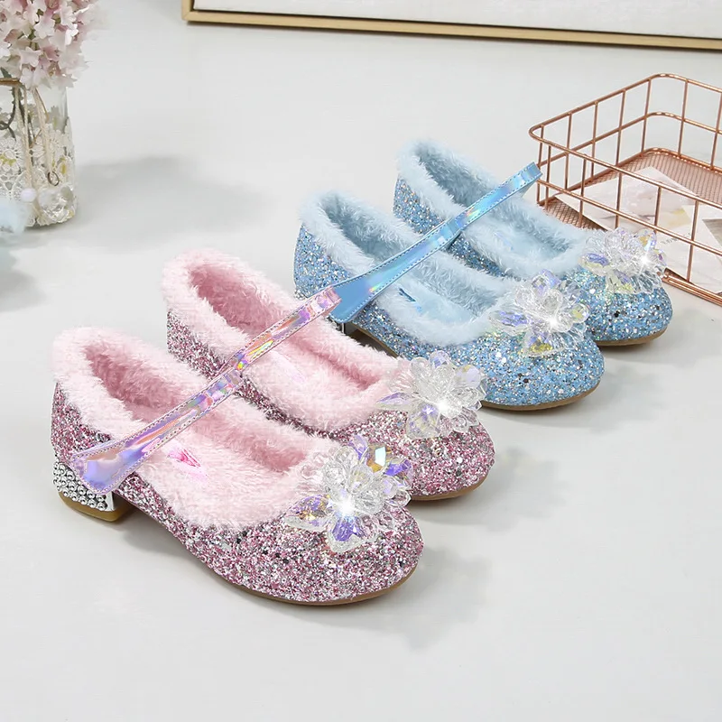 

Модная детская обувь, осенне-зимняя плюшевая обувь с кристаллами, обувь принцессы Эльзы для маленьких девочек, обувь на высоком каблуке для девочек, обувь для выступлений