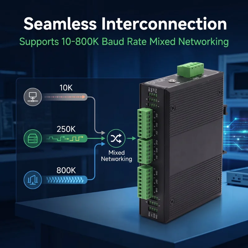 Industrial CAN Hub 4/8 Channel Opto-Isolated 10K-800K Adaptive Baud DIN Rail Metal Housing DC12-57V for Fire Alarm Automation