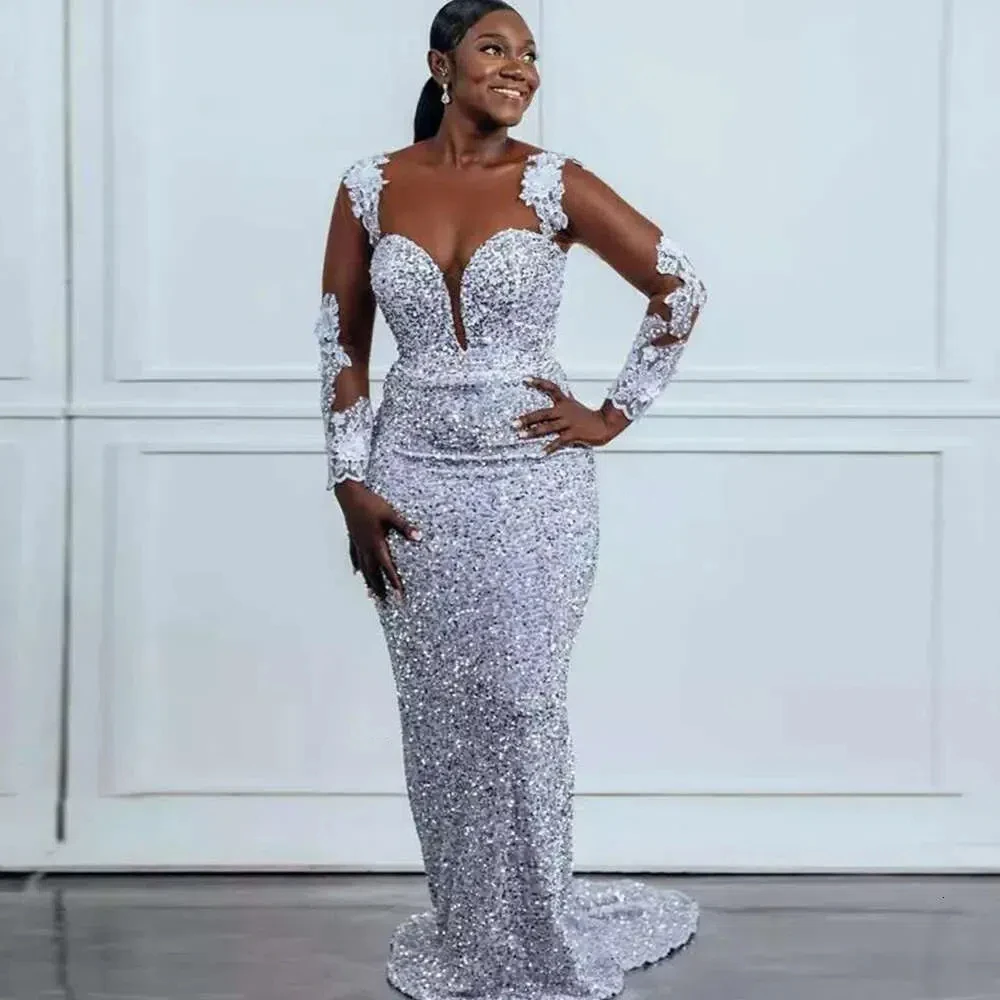 

Customized Glitter Sequin Evening Dress Sexy Mermaid Lace Applique Long Sleeve Deep V-Neck Backless Plus Size Formal Party Dress