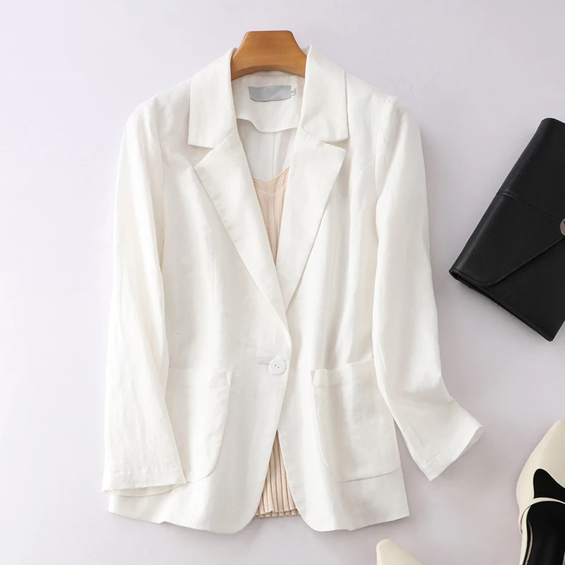 Cotton Linen Blazer Jacket Women Summer Outwear High Quality Solid Single Button Notched Blazer Suits Women's Long Sleeve Top