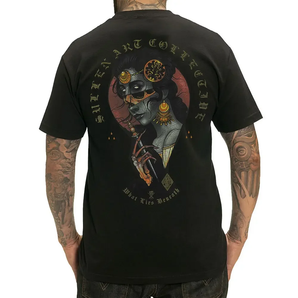 What Lies Beneath- Vintage Beauty Skull Tattoo Pattern Printed T-Shirt 100% Cotton O-Neck Short Sleeve Casual Mens T-shirt
