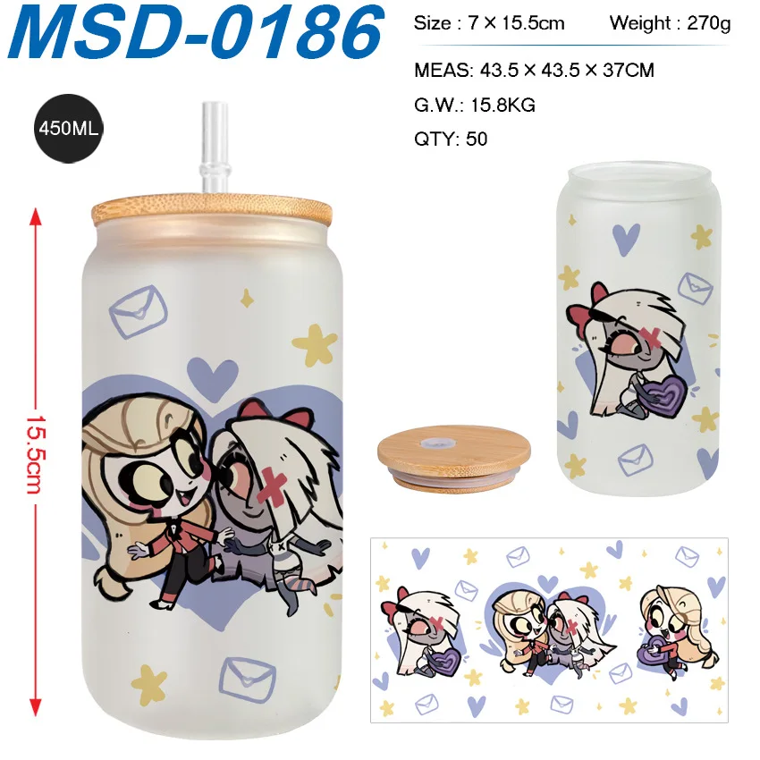 

Hazbin Hotel Anime Frosted Glass Cup 450ml With Bamboo Lid And Straw For Students Anime Fans Home Daily Drinking Use Gift