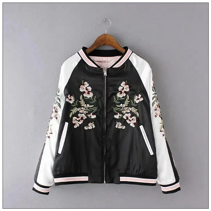 Women's Satin Embroidered Bomber Baseball Jacket 2 Double Sided Female Coat Floral Harajuku Autumn Japanese Silk Girls