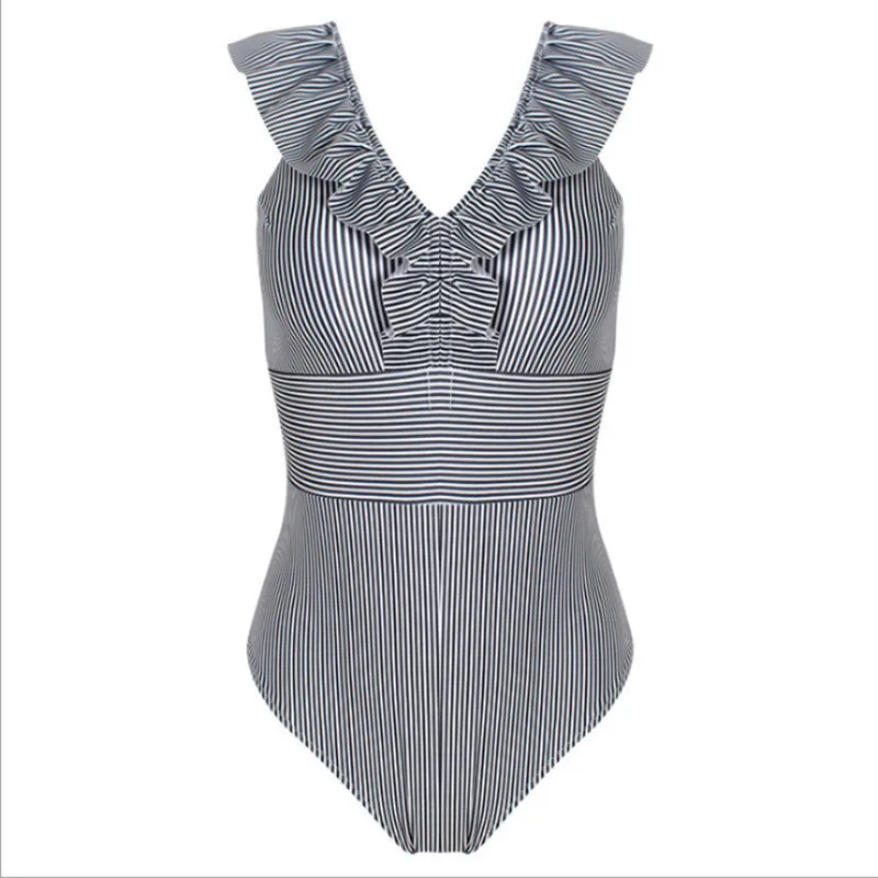 Maillot de bain une pièce pour femmes, sexy, dos nu, taille haute, rayé, à volants, dos ouvert, nouvelle collection été 2024