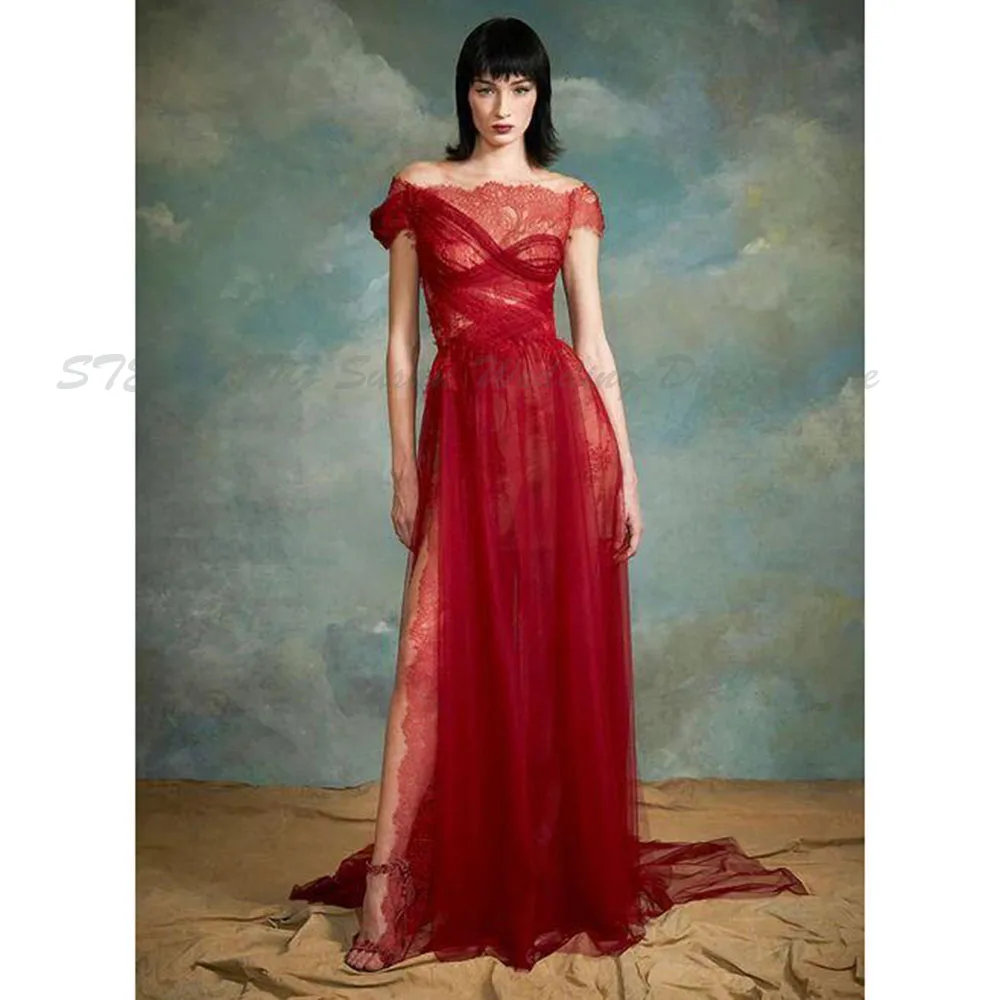 Sexy Prom Dresses Women Off The Shoulder High Quality Classic Short Sleeves Sweep Train Floor Length Party Prom Gowns Simple