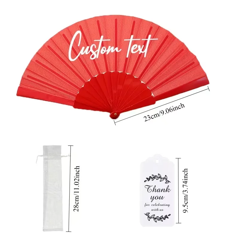 10Sets/30Sets/50Sets/70Sets Red Custom-Made Handheld Folding Fans (Card + Mesh Bag + Fan) Are a Must-Have Item for Summer Beach Vacations, Made with Plastic Fan Ribs and Fabric Material, Can Also Be Used as Bridal Wedding Fans, Wedding Gift Fans, Mother's Day Holiday Gifts, Graduation Season Gifts, This Personalized Creative Fan Is a Small Gift for Friends