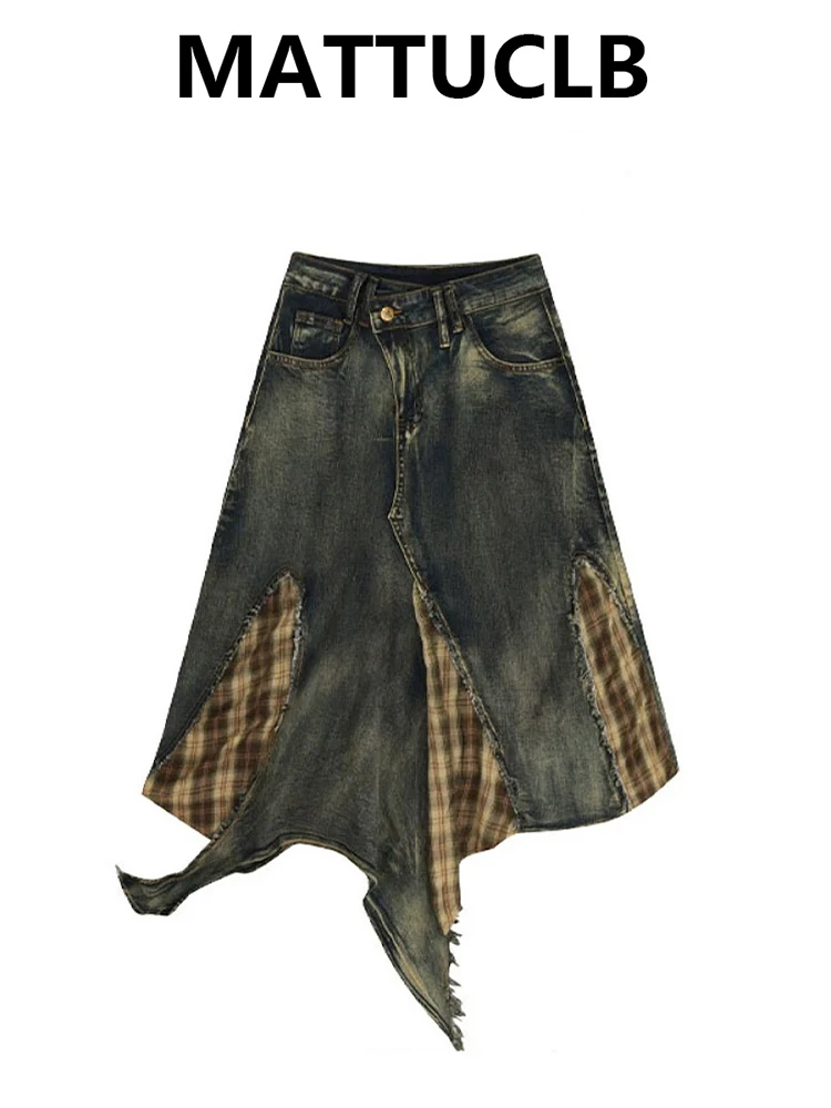 

2025 Autumn Winter Women 2000s Aesthetic Harajuku Japanese Midi Skirt Denim Shoujo A-line Plaid Patchwork New In Irregular Kpop