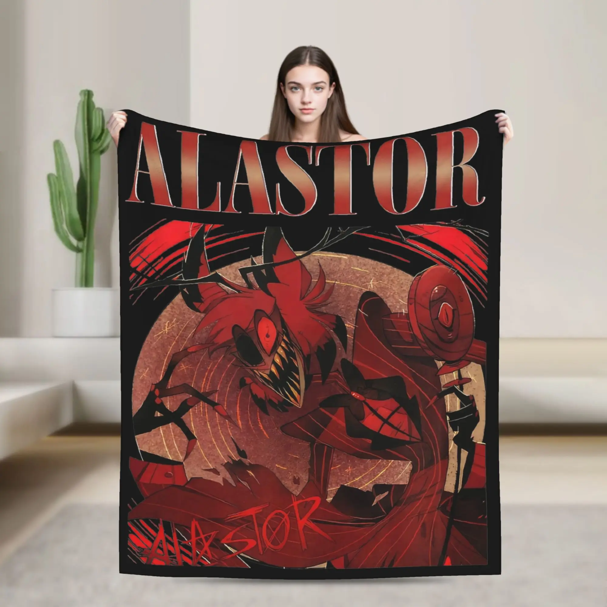 

Alastor Hazbins Hotels Characters Blanket Flannel Spring Autumn Radio Demon Portable Throw Blanket for Home Office Bedspread