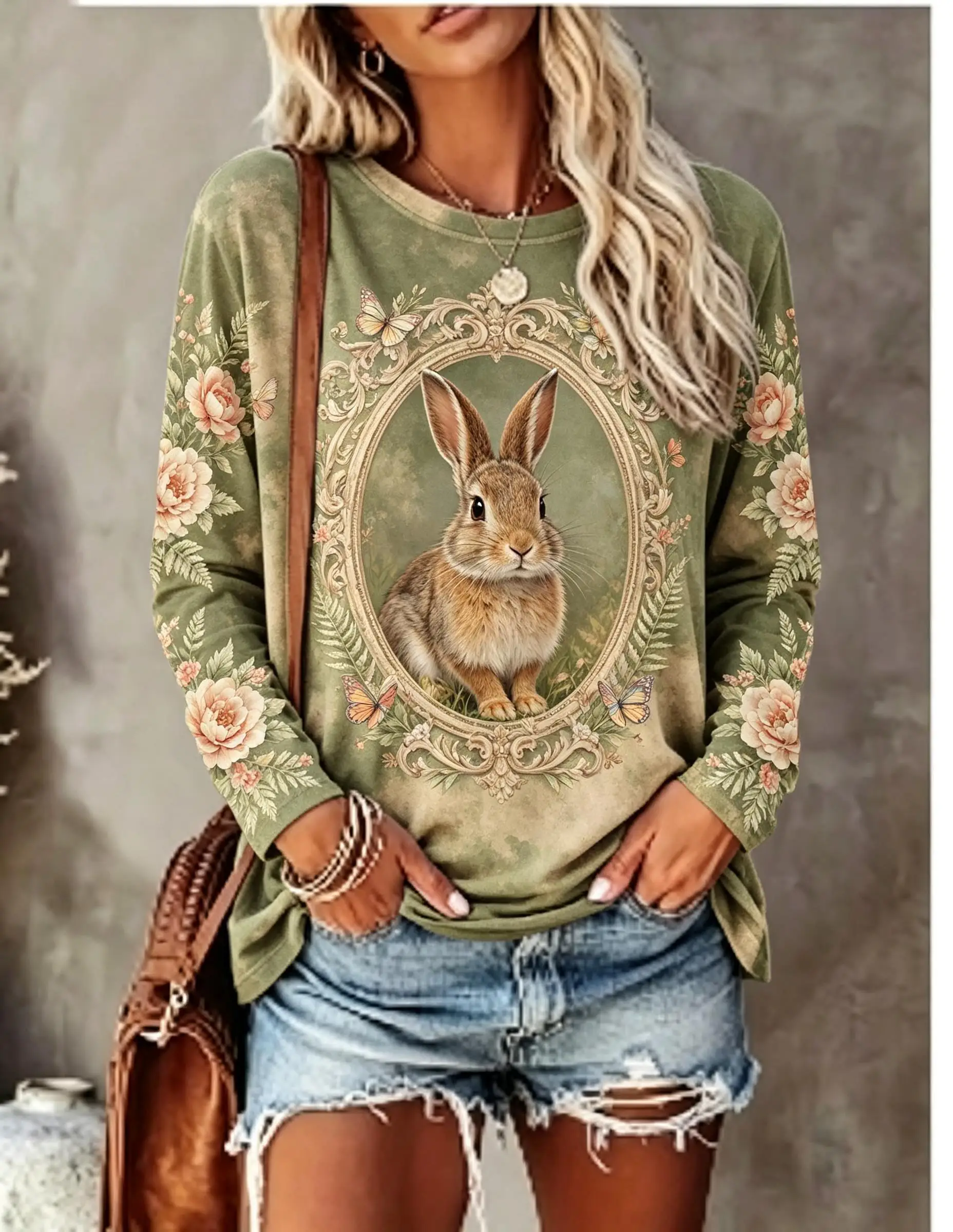Women Long Sleeve T Shirt Vintage Rabbit Rose Butterfly Frame Print Crew Neck Casual Fall Tops