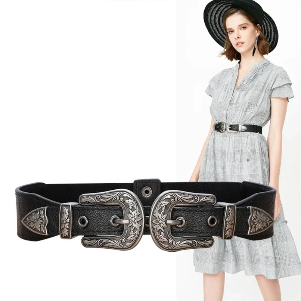 

Cool Belt for Women Carved Floral Buckle Retro Fashion Elastic Waistband