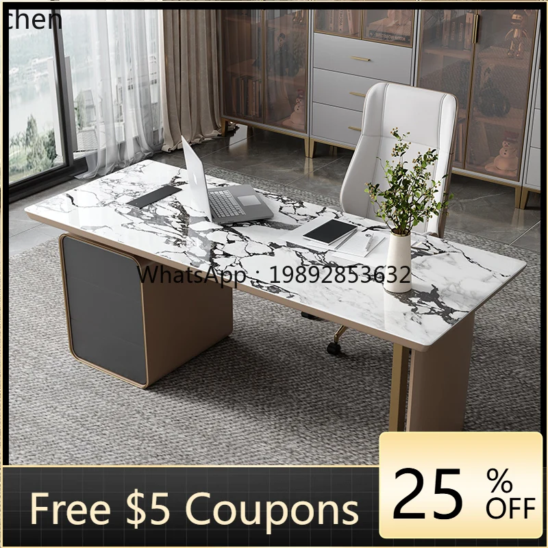 

light luxury rock slab modern simple stainless steel combination high-end office computer desk household