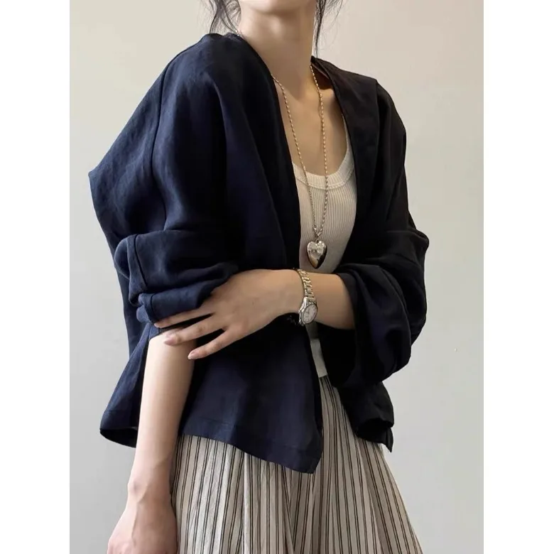 Chaqueta Retro de lino blanco para mujer, cárdigan abierto artístico de manga larga, Top fino y suelto, ropa de protección solar