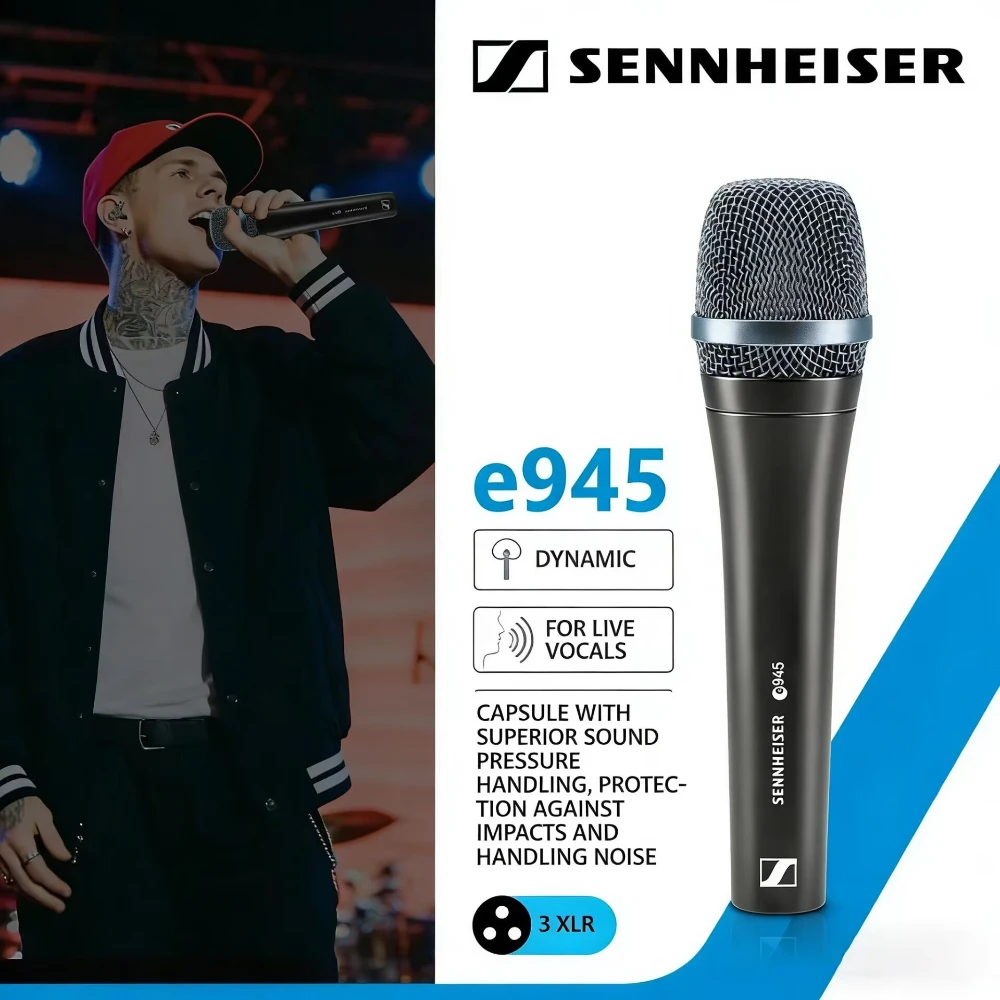 Micrófono con Cable Sennheiser E945 Original, Micrófono Dinámico para Instrumentos, Calidad Profesional, Versatilidad para Actuaciones en Vivo
