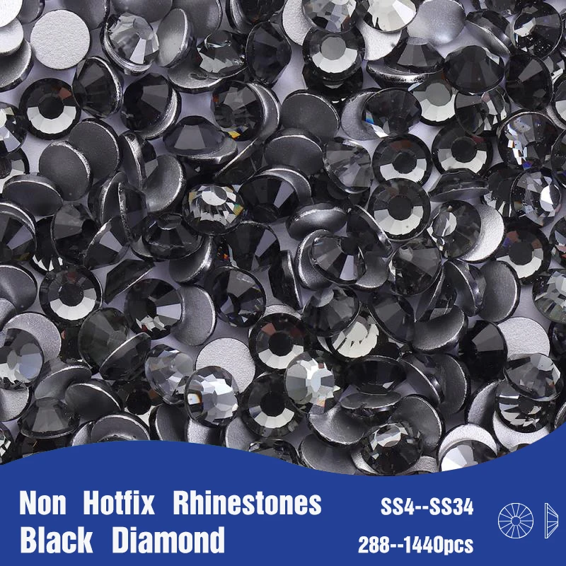 SS4-SS34Black Diamond Silver Bottom Glass Rhinestone Flatback Round Non-Hotfixed Crystal Stone DIY Clothing Nail Art Decoration