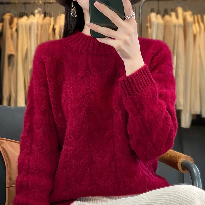 Autumn and Winter New Women's Sweater 100% Wool Cashmere Half High Neck Knitted Pullover Loose Fashion Thickened Women's Top