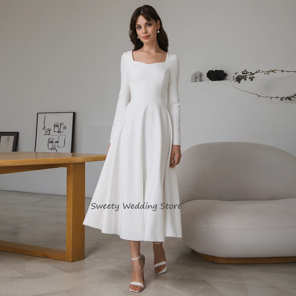 Customized Simple Short Wedding Dress V Neck Full Sleeves Back Zipper Buttons Tea Length A Line Bridal Gown Robe Mariee