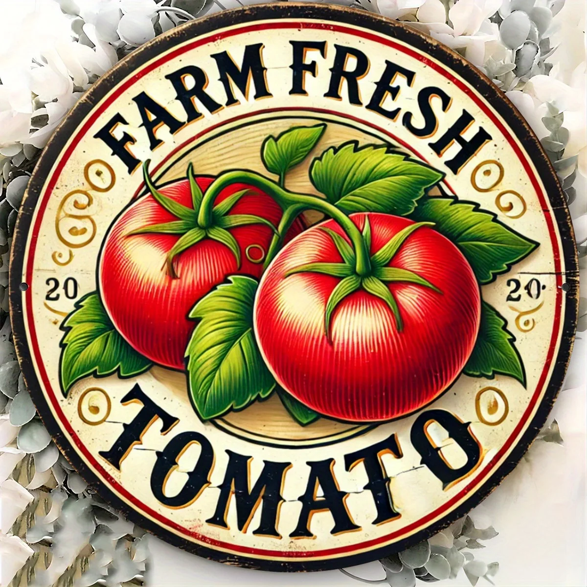 2D Flat, 1pc Farm Fresh Tomato Metal Wall Sign Round Iron Hanging Art with Vibrant Red Tomatoes & Green Leaves