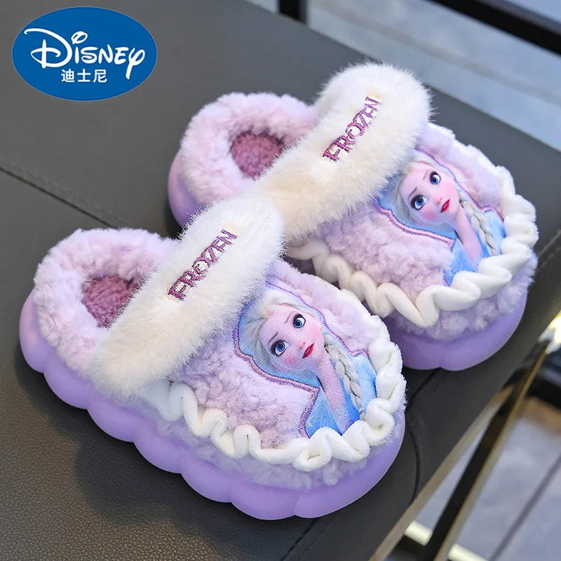 Disney-Zapatillas de algodón para niña, pantuflas de invierno para niña, princesa Elsa, Frozen, fondo grueso de terciopelo cálido, algodón para