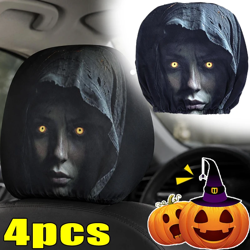 2/4pcs Universal Scary Black Face Car Headrest Cover Auto Seat Pillow Protector for Halloween Theme Cosplay Role‑Play Funny Gift