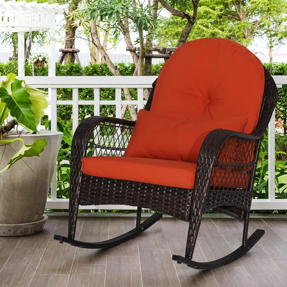 

Outdoor Wicker Rocking Chair, Patio Rattan Rocker w/Lumbar Pillow, Padded Seat & Back Cushions, Metal Frame,Chair