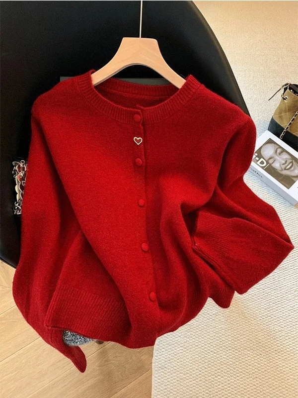 Christmas New Year Red Heart Shaped Button Knitted Sweater Coat Women's Loose Soft Korean Style All Match Knitted Outerwear