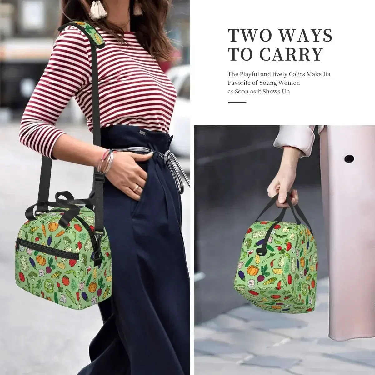 Cartoon Doodle Vegetables Insulated Lunch Bag With Adjustable Nice Strap Food Container Capacity Thermal Cooler Lunch Boxes