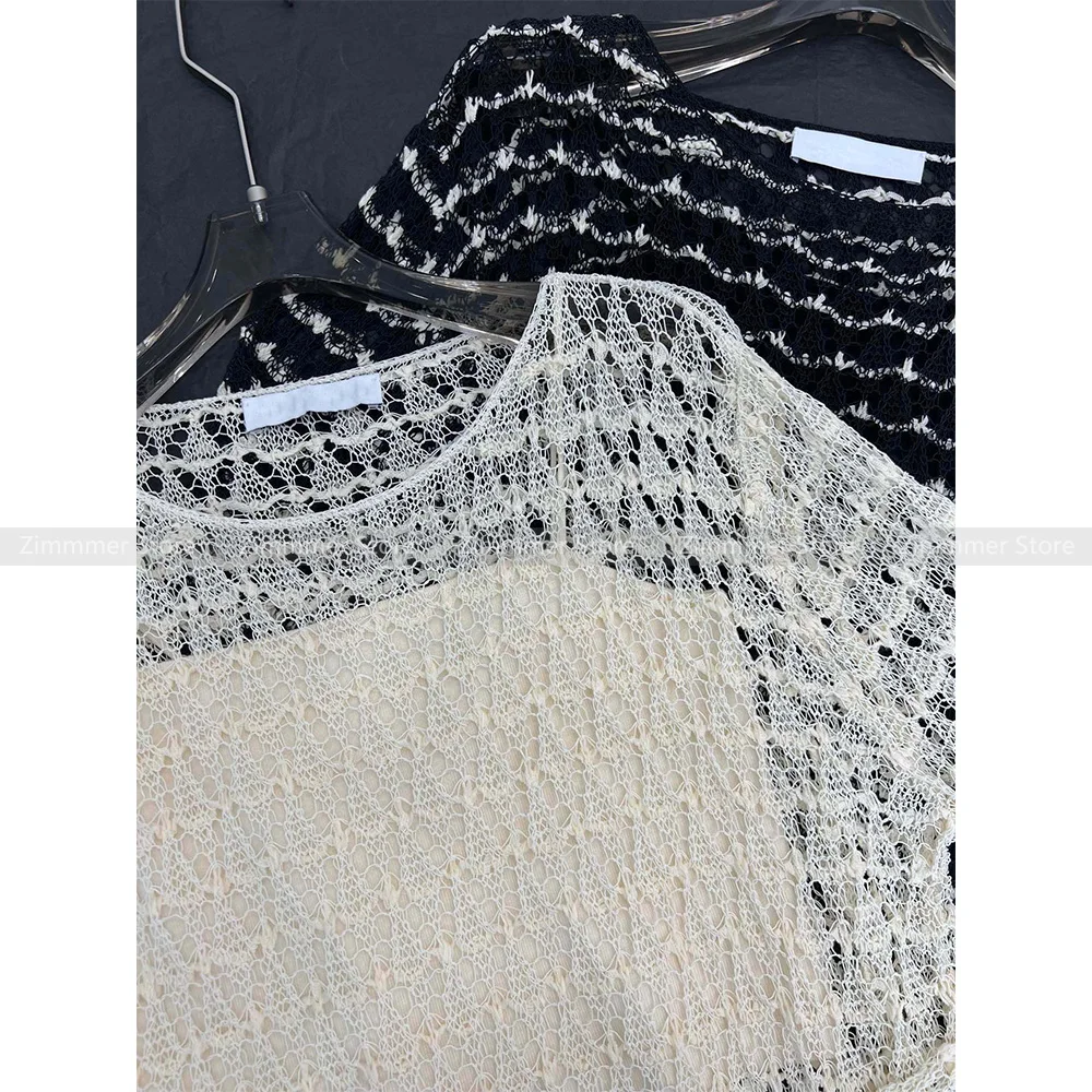 Niche fashion new thick hollow crochet with suspenders lining sexy thin see-through knitted top