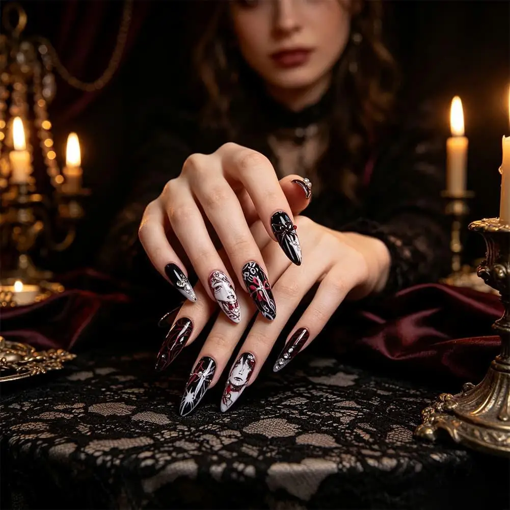 Gothic Comics Dark Wind Flashing Diamond Nail Art Detachable Almond Shape Wearable Exquisite Pearl Nail Nail Art Set With Tools