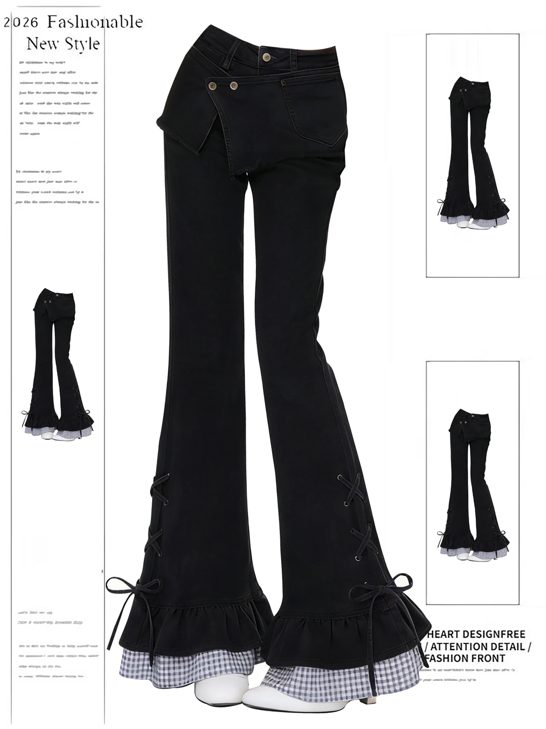 

American Retro Layered Flared Denim Jeans Women's Spring Design Sense Knot Splicing Fake Two-Piece Pants