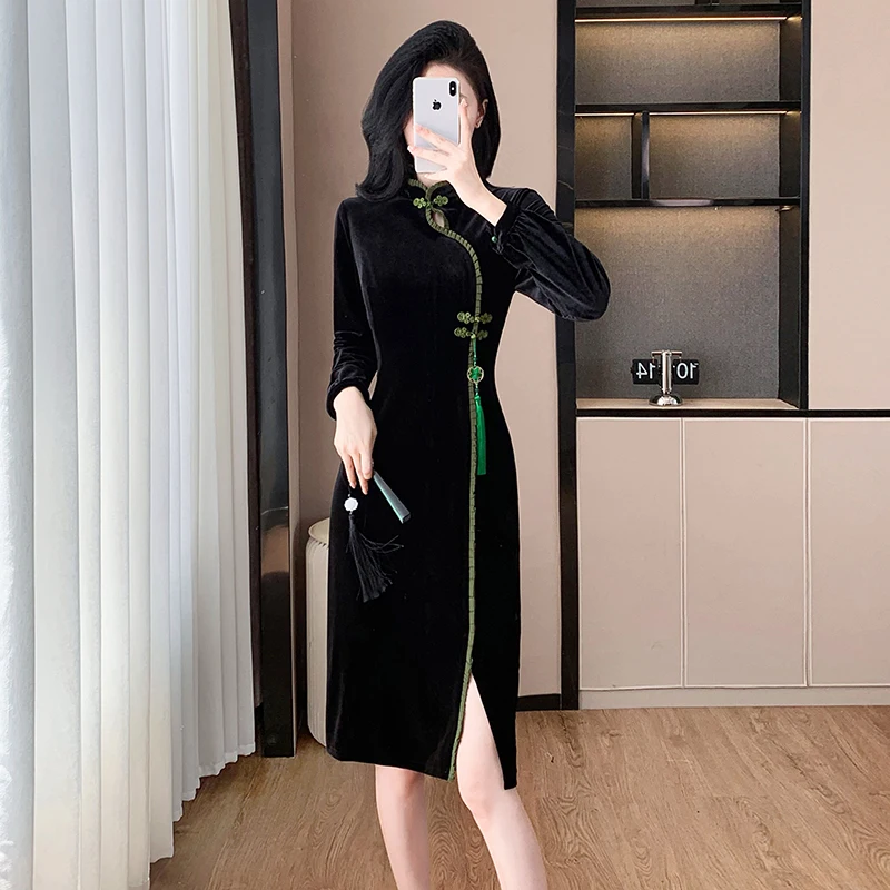 

Женское бархатное платье Cheongsam, 2024, современное восточное платье с контрастной отделкой, осенне-зимнее банкетное платье, элегантное Ципао