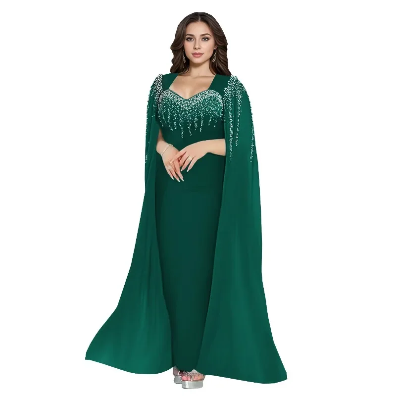 女性用エレガントなダイヤモンドとパール付きシアーメッシュショールスリーブ、ボディコンマキシ丈イブニングパーティードレス、スリムなフォーマルオケージョンロングローブドレス